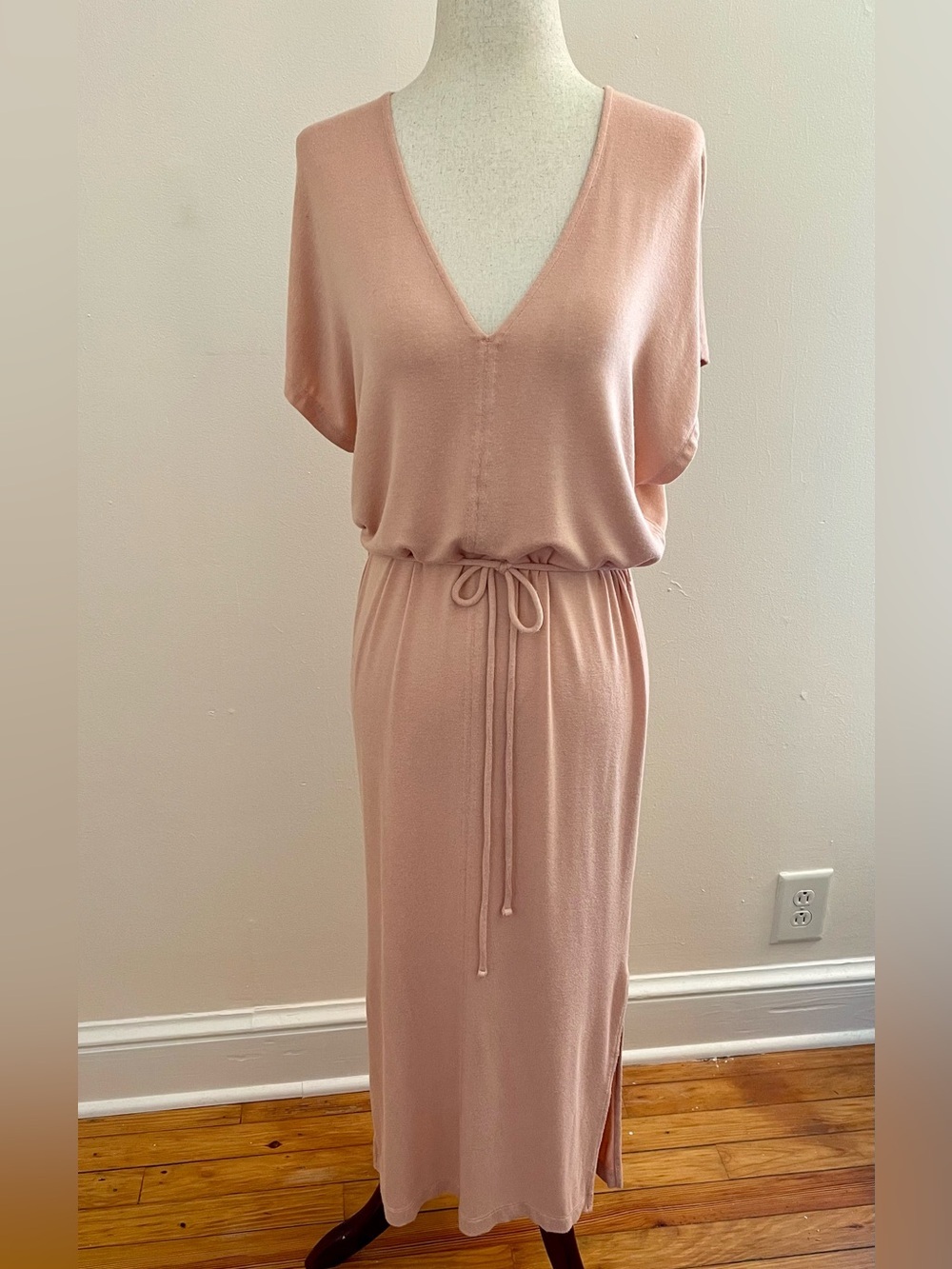 Vince Blush Pink Knit Midi Dress Drawstring Waist V-Neck Short Sleeve S